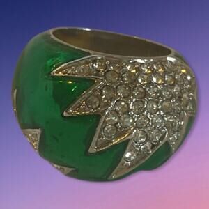 HUTTON & WILKINSON GREEN ENAMEL & PAVE RHINESTONE RING Size 7